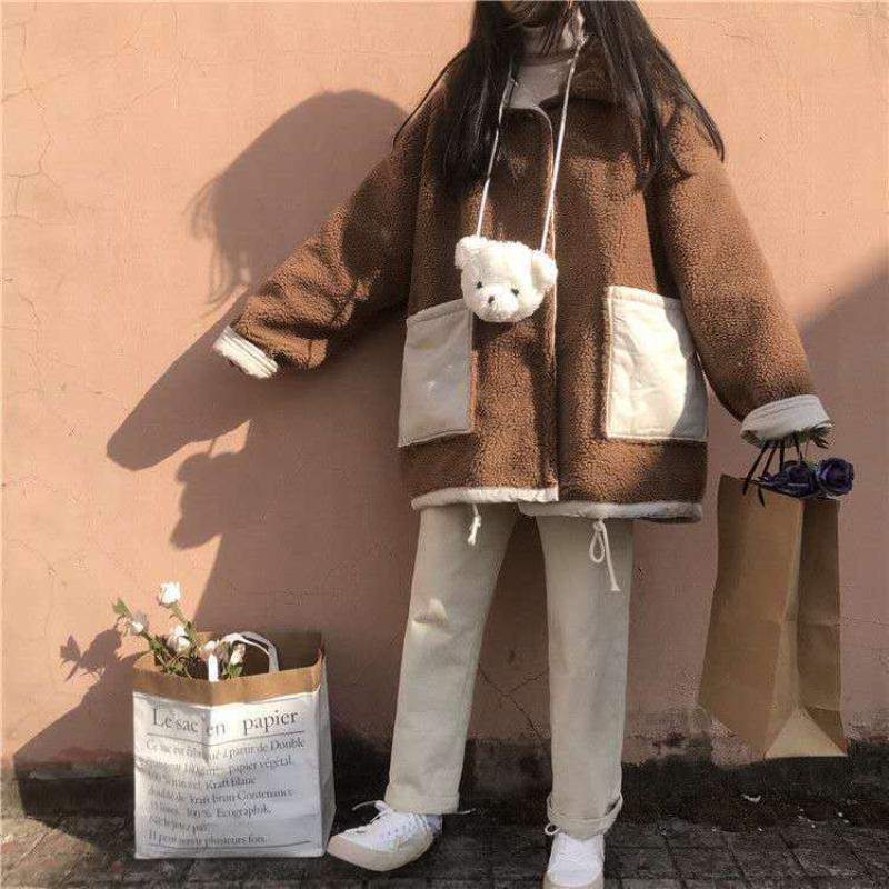 Winter Korean Sweet Warm Lamb Wool Coat Women Chic Cute Two Sided Wear Patchwork Thick Clothes College Style Casual Fashion Outerwear