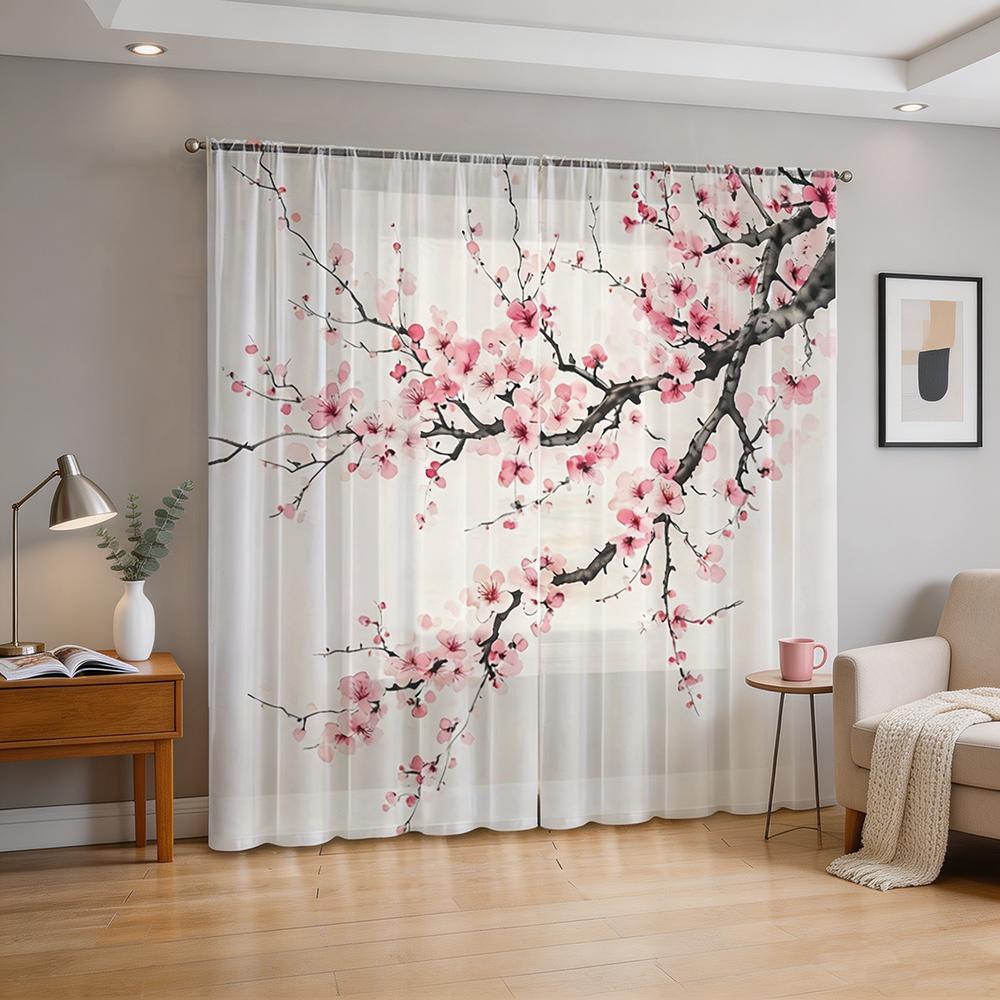 2PCS Digital Print Sheer Curtain, Elegant Plum Blossom Floral Pattern, Classic Chinese Art Style Home Window Decoration