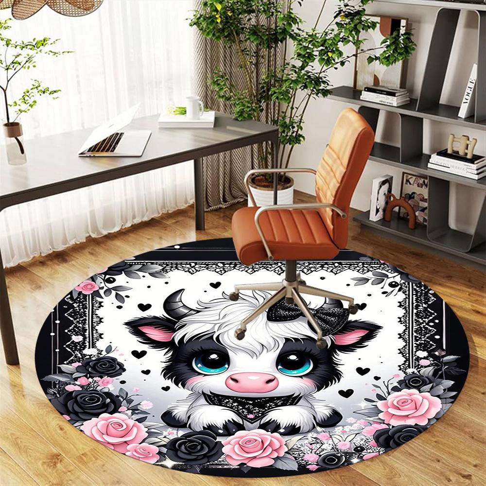 1PC Cow Roses Lace Round Chair mat Area Rug - Non-Slip, Floor Mat for Office, Bedroom, home decor Christmas Gift c0528036