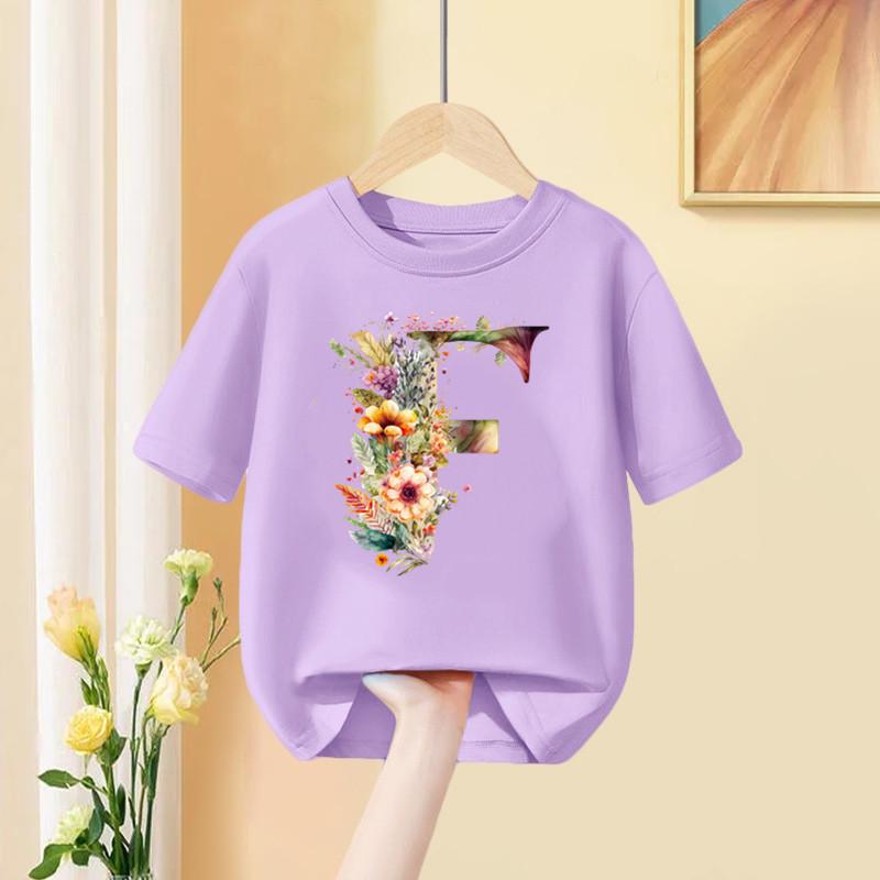 Mädchen T-Shirt 26 Englische Buchstaben A B C D Kindermode Blume T-Shirt Kinder Benutzerdefinierter Name Buchstabe Sommer Lila Kleidung