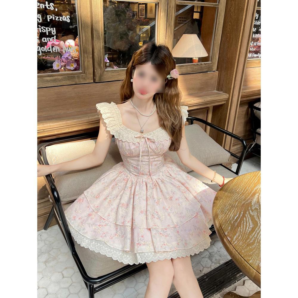 Summer New Blue Fluffy Princess Short Dress Small Waist Thin Floral Dress Elegant Girl Sweet