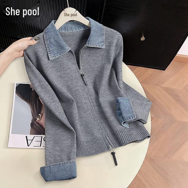 Spliced Lapel Two-Way Zip Faux Two-Piece Knit Cardigan One Size