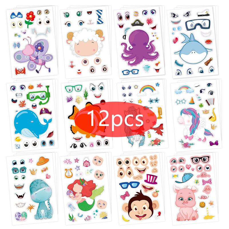 6~12 Blatt Tier Make-A-Face Wechselaufkleber DIY Wasserdicht Wiederverwendbar Kinder Schreibwaren Dekorative Aufkleber Cartoon Niedlich TMZ