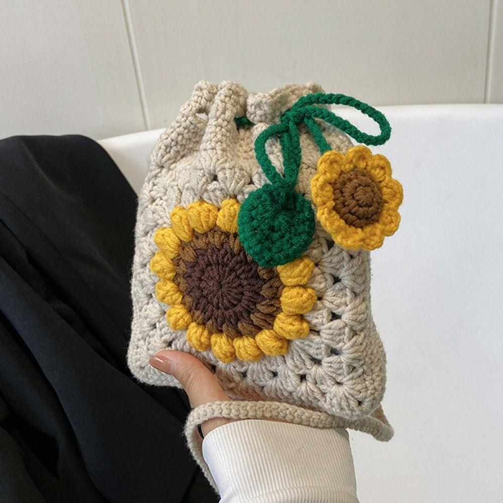 

Drawstring Hand Knitted Bag Knitted Handwoven Knit Bag Sunflower Knitted Bag Kids