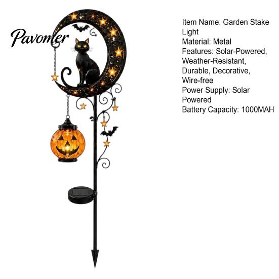 Fall Party Outdoor Lighting Halloween Solar Garden Stake Light, Metal Black Cat & Pumpkin Moon Waterproof Wireless Powered Yard Lights Decorations for