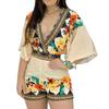 Deep V-Neck Lantern Half Sleeve Mid-Rise Women Jumpsuit Flower Printing Retro Trim Short Pants Romper Female Clothing