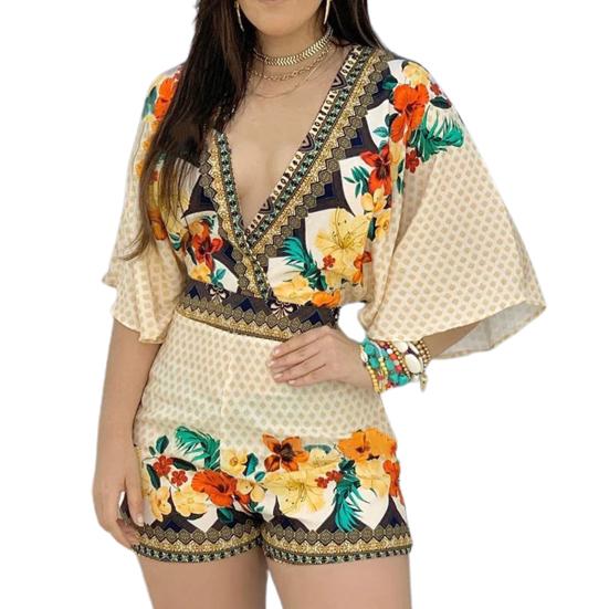 Deep V-Neck Lantern Half Sleeve Mid-Rise Women Jumpsuit Flower Printing Retro Trim Short Pants Romper Female Clothing