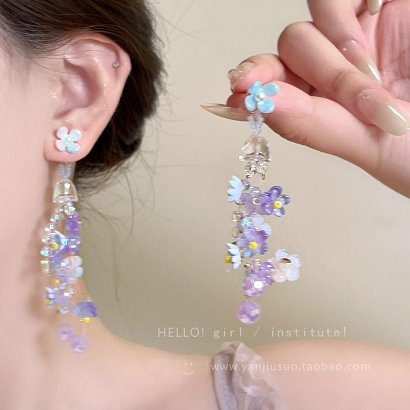Floral Tassel Earrings Women Purple Pink Style Dainty Statement Earring Accessory ES-0257 Purple Flower Tassel Earring