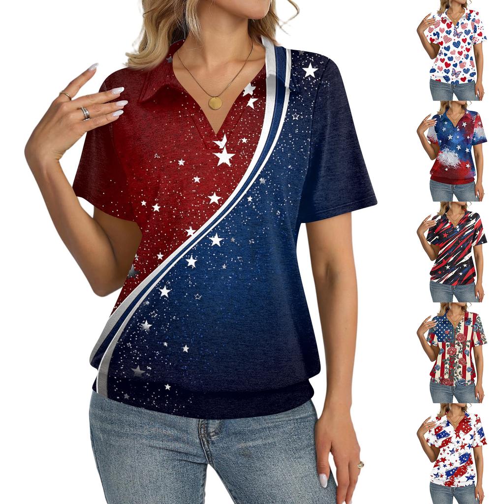 Women's Casual Short Sleeve Polo Shirt with Independence Day Star Print Collar Top Lightweight Summer Tee