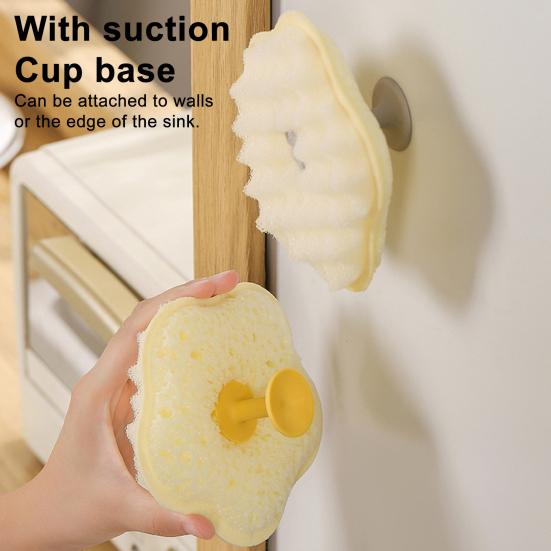 Cleaning Brush Double-Sided Soft Sponge Scouring Pad Suction Cup Silicone Head Non-Stick Oil Sponge Brush Kitchen Cleaning Tool