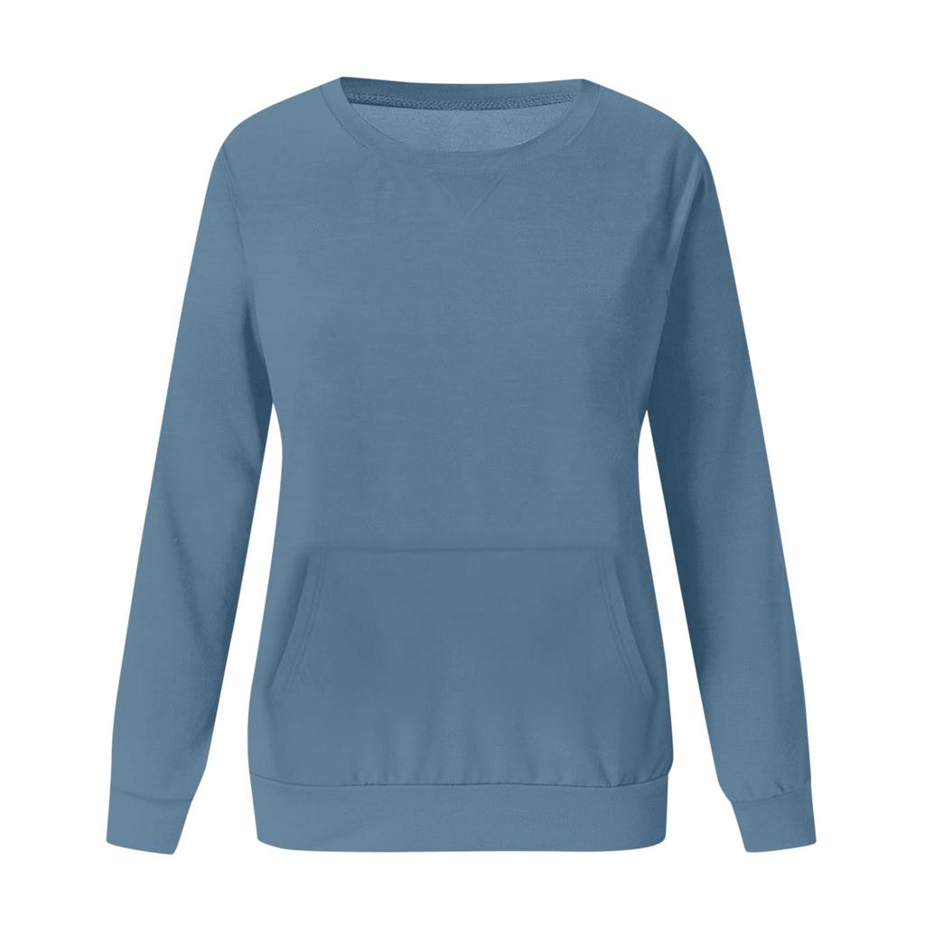 Ladies' Casual And Fashionable Pocket Solid Color Round Neck Long Sleeved Sweatshirt