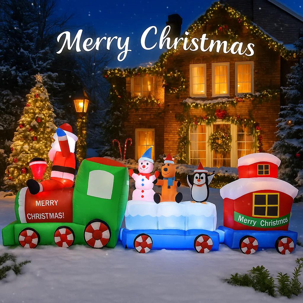 8.85FT Inflatable Christmas Toy Train Decoration Santa Claus Friends Xmas Yard Christmas LED Supplies Home Ornament Festive Gift
