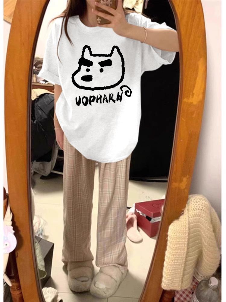 

100% Pure Cotton Grey Cartoon Short-Sleeve Women s T-Shirt - Chic Hong Kong Style Summer Top 3XL