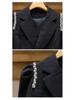 Women's French-Style Black Two-Piece Suit: Lapel Jacket & Skirt with Heavy Diamond Detailing