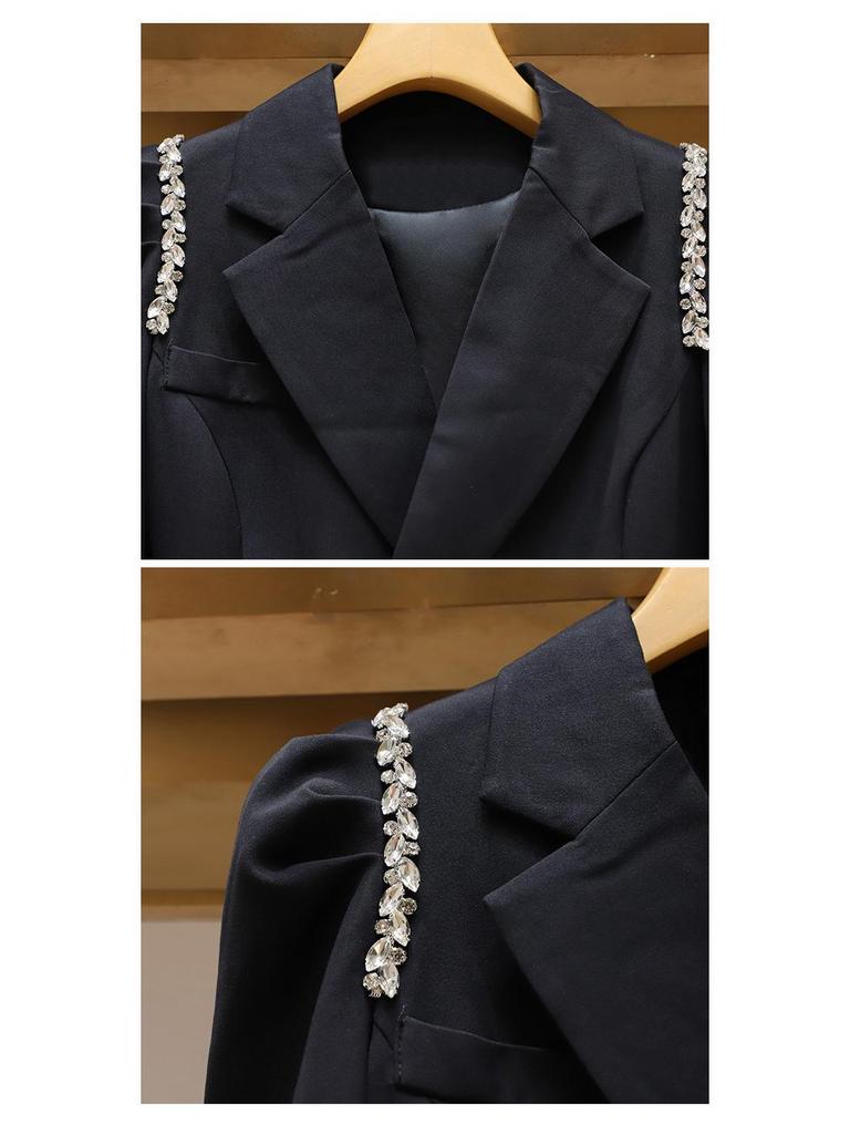 Women's French-Style Black Two-Piece Suit: Lapel Jacket & Skirt with Heavy Diamond Detailing