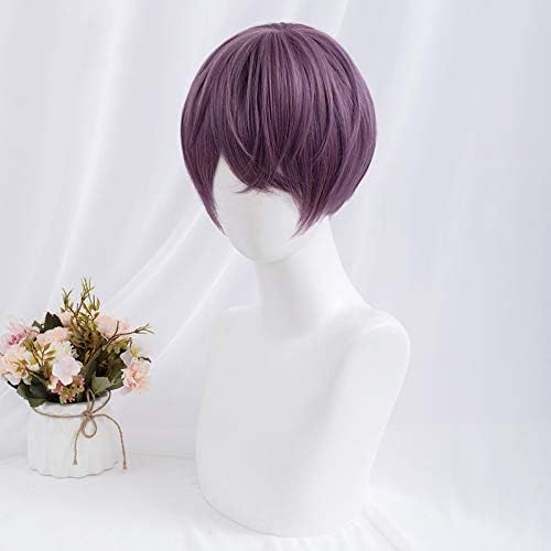 Harajuku-style purple short wig, semi-long, men's, fashionable, with net, natural look, unisex