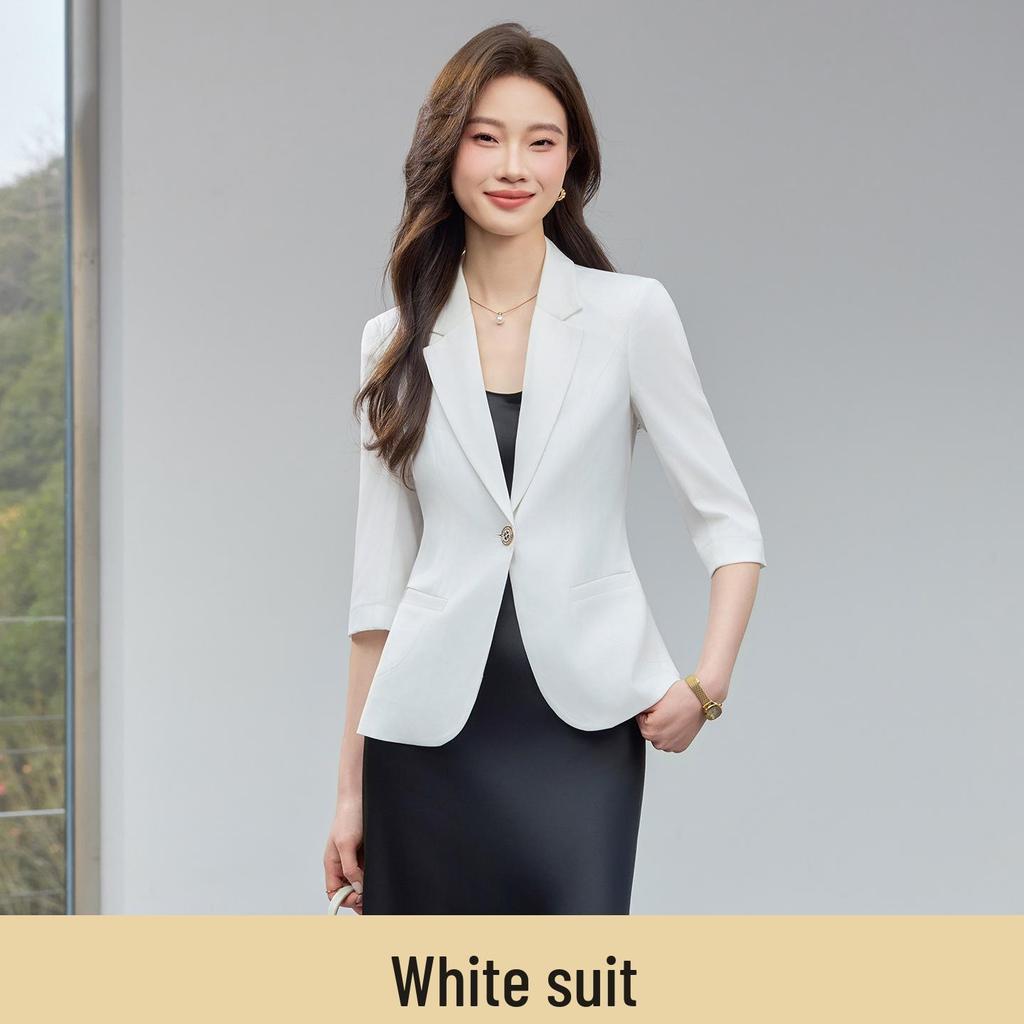 White Women's Casual Slim-Fit Blazer with Mid-Sleeves