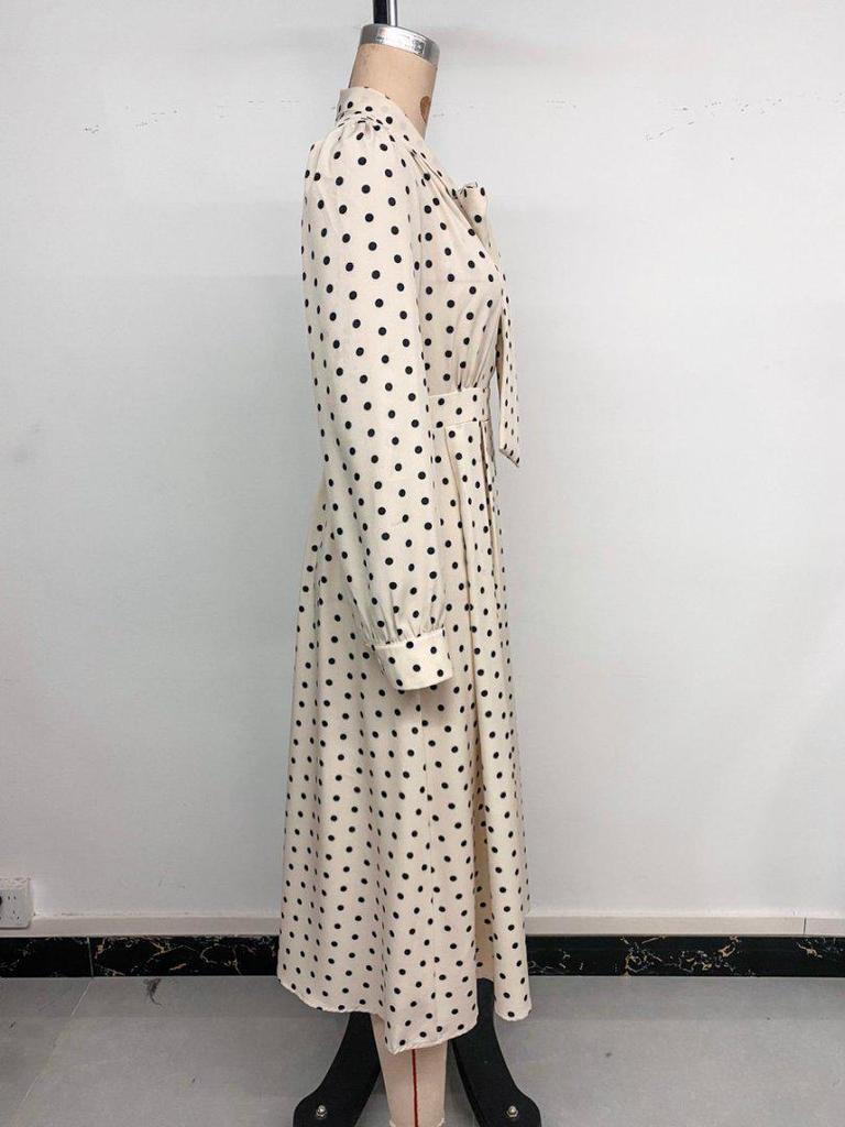 Herbst 2025 Retro Polka-Dot Midi-Kleid mit Schleifenkragen und langen Ärmeln