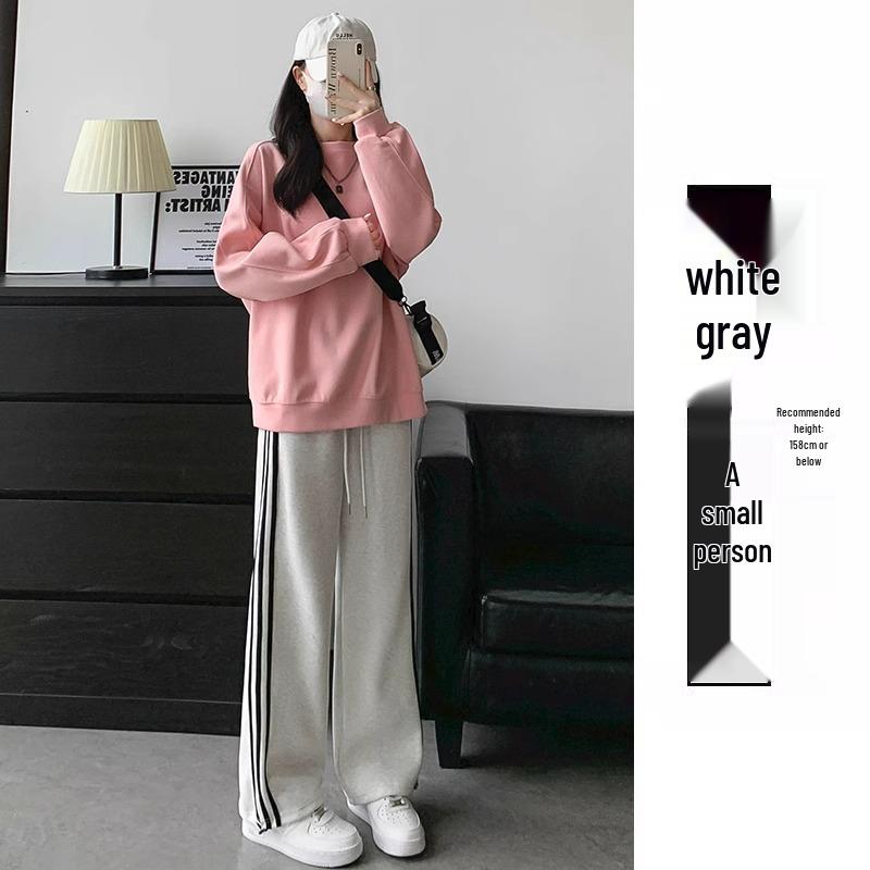 High-End Petite Women's Black Striped Velvet Sweatpants - Autumn/Winter Casual Wide-Leg Style