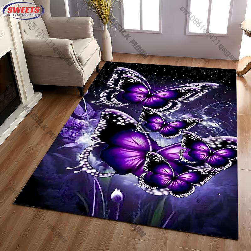1PC Purple Butterfly Flower Print Carpet Living Rooms Bedroom, Office Areas Rug, Durable Machine Washable Mat with Fast Shipping