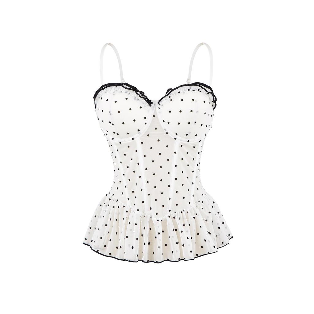 French Girl Polka Dot Waist-Cinched Mesh Bandeau Camisole – Slim Sleeveless Summer Top