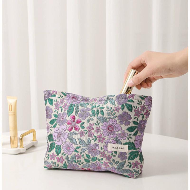 Women's Cosmetic Bag Small Vintage Purple Flowers Cosmetics Lipstick Storage Bag Handheld Portable Canvas Storage Bag Purse