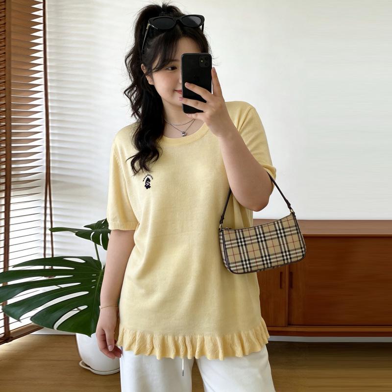 

Spring 2026 Plus Size Ice Silk Embroidered Knit Short Sleeve Top L жёлтый