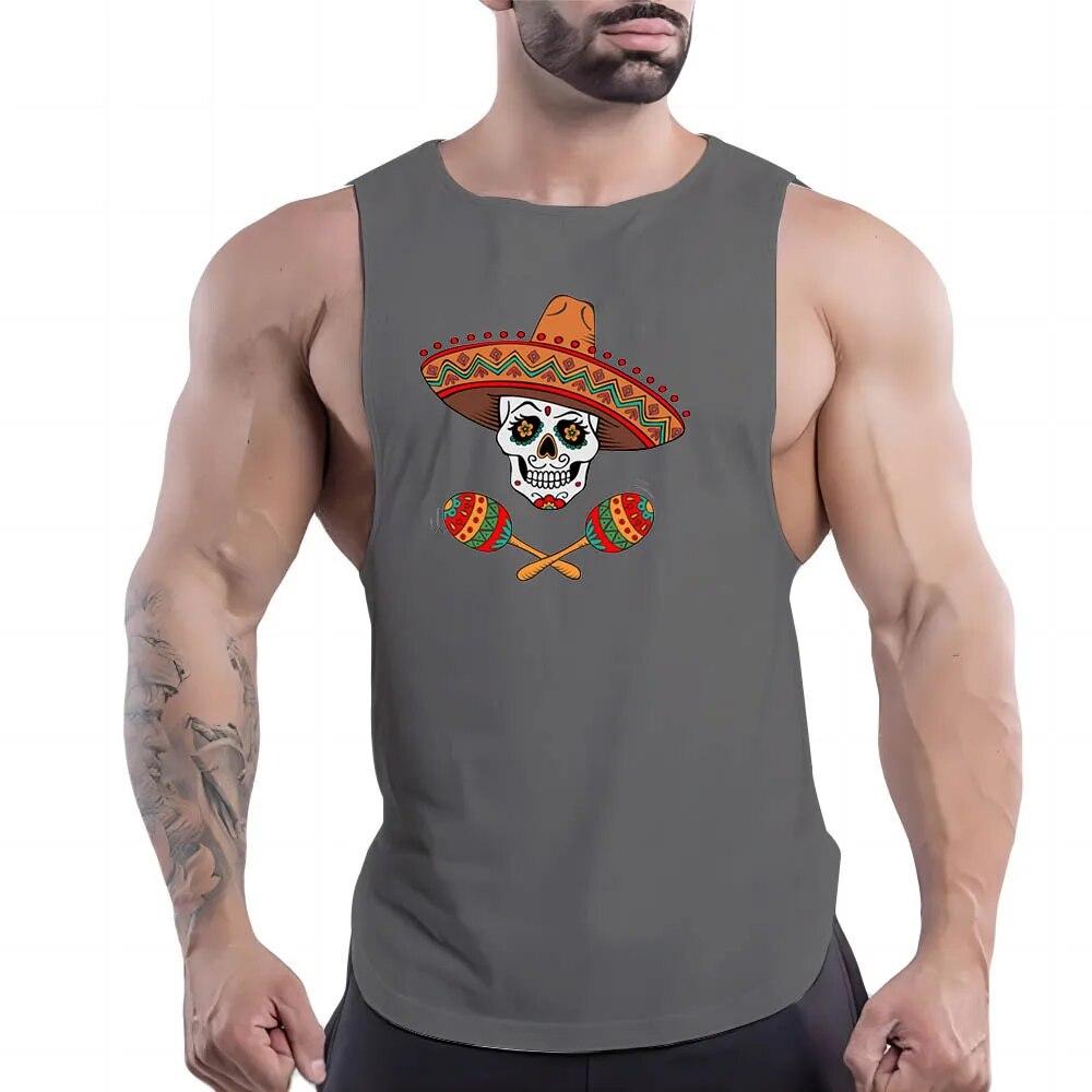 Léto Nové Sportovní Basketbalové Oblečení Bílá Vesta Rychleschnoucí Pánské Kulatý Výstřih Venkovní Pohodlné Prodyšné Kreslený Potisk Lebky