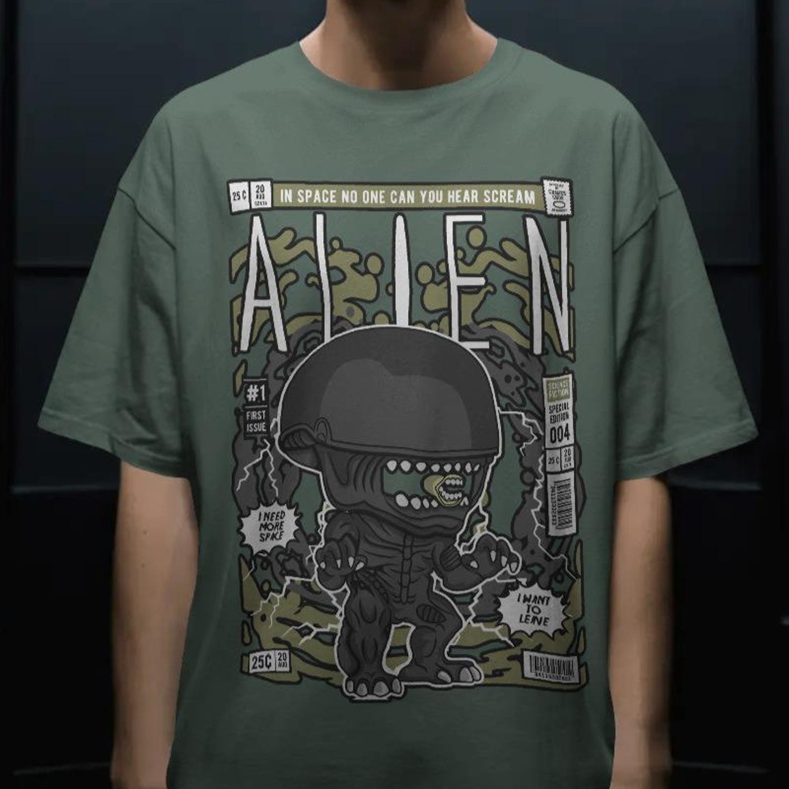 Alien Xenomorph Shirt - Retro Horror Sci Fi Movie Comic Style Tee 3XL