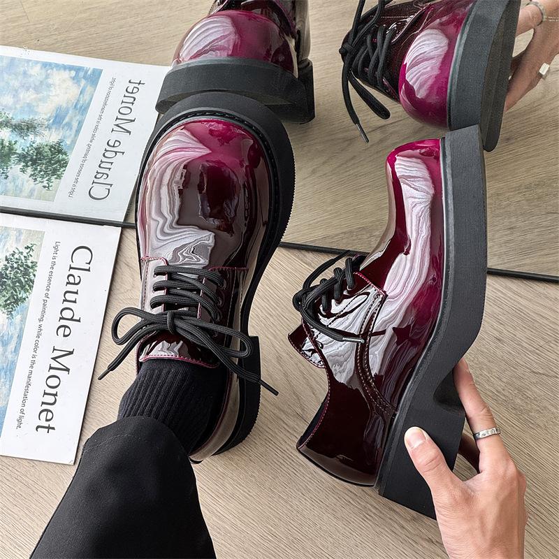 Mickey casual leather shoes big head thick sole inner heightening personality 9522 discoloration gray, brown, red, purple-J