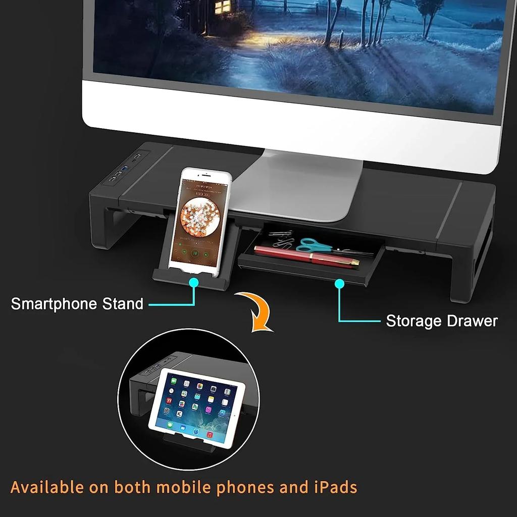 Monitor Stand Riser, with USB3.0 Foldable, Height Adjustable Computer Stand, Desk Shelf Riser with Storage Drawer & Tablet Phone