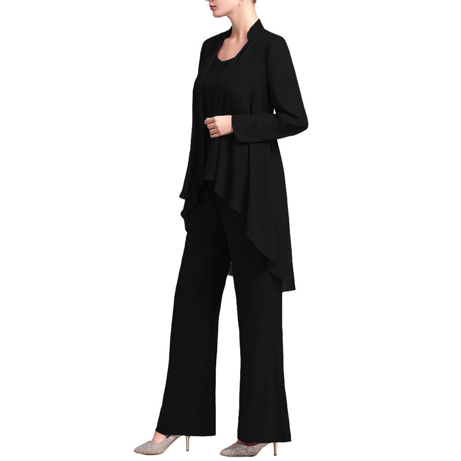 

Жіночий елегантний шифоновий вечірній костюм, комплект із трьох предметів, безрукавка, відкритий кардиган і довгі штани з довгим рукавом 3XL чорний