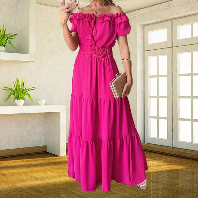 

2026 European & American Lace-up Leaf Edge Bandeau Dress - Solid Color Dutch Style Extra Large рожевий червоний колір