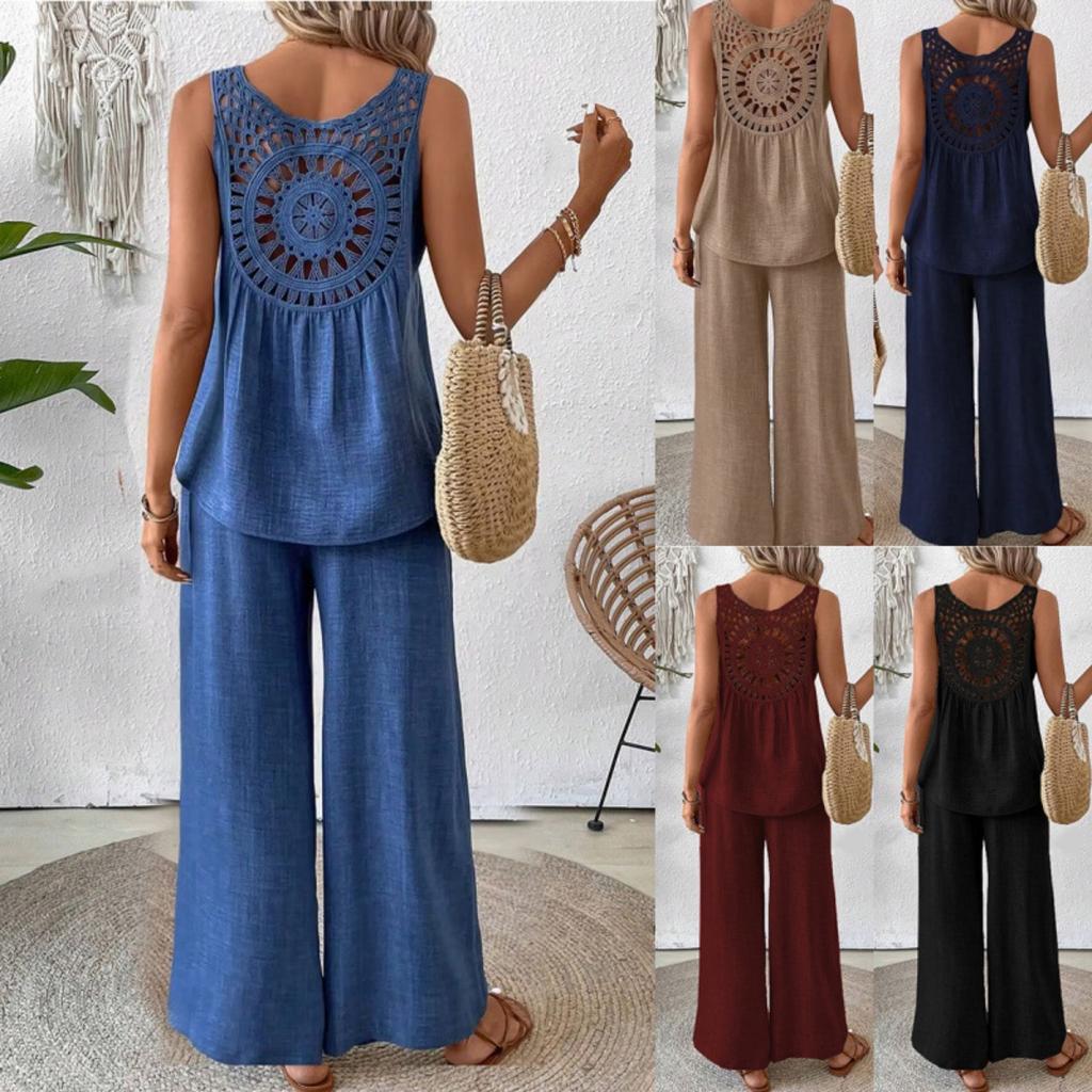 Women's Loose Casual Two-Piece Set Sleeveless Round Neck Tank Top High Waist Wide Leg Pants Outfit