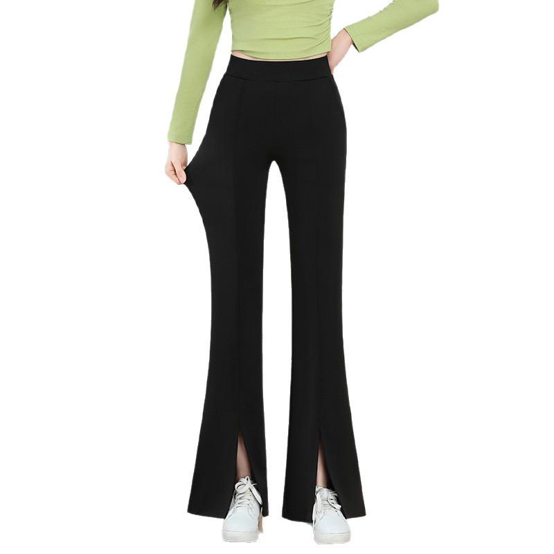 2025 Spring & Fall Women's High Waist Black Flared Pants - Slimming, Elastic, Four-Way Stretch, Long Slit Design
