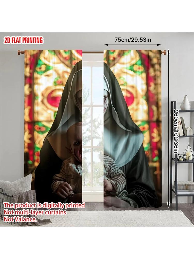 

Set Of 2 Plane Printing Curtains Window Treatment Bloodstained Nun Durable Polyester Without Rod Versatile All Use Bedroom Curtain Ideal For W100*H70(CM)-Hooks&1PCS