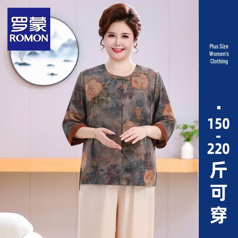 ROMON Plus Size Floral Mid-Sleeve Shirt for Middle-Aged Women 5XL