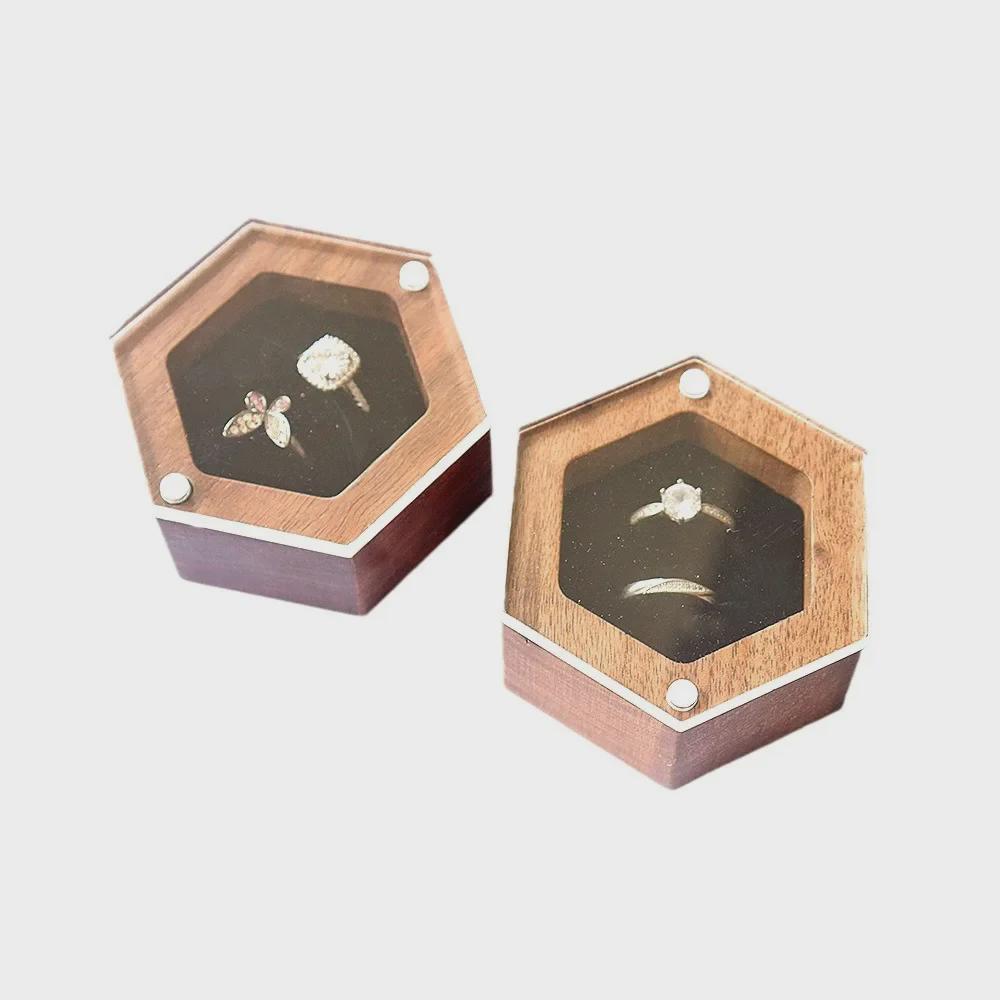 Magnetic Black Walnut Acrylic Ring Box for Engagement or Gift