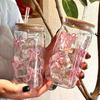 Transparent Glass Tumbler Pink Bow Flower Sticker Drink Juice Cup Suitable For Hot And Cold Drinks Bow Tie Plastic Straw Cup