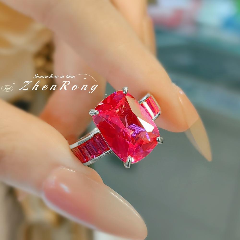 Vintage Open Ring Fat Rectangle Red Corundum Gradient High Carbon Blue Spinel Womens Jewelry