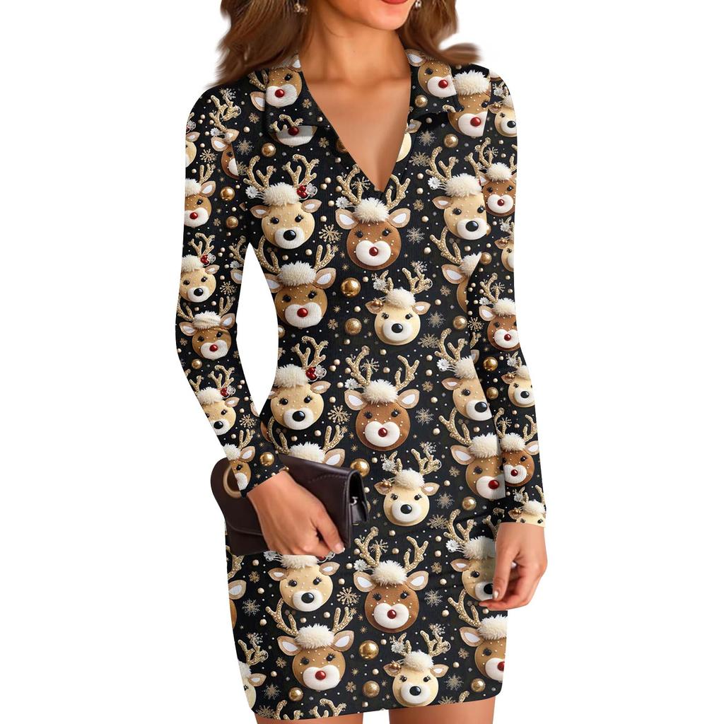 Women's V-neck Casual Print Long-sleeved Fitted Dress