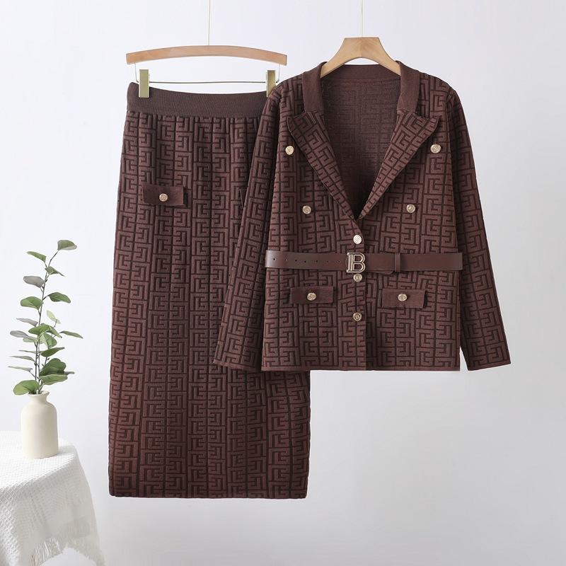Autumn Winter Women Designer Knitted Sweater Two Piece Set Blazer Collar Cardigans Coat and Long Maxi Sheath Skirt Outfits With Belt