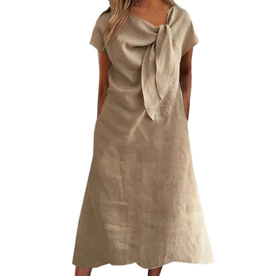 Женское платье миди с декорированным воротником и бретельками, платье с коротким рукавом, однотонное свободное летнее повседневное платье S хаки
