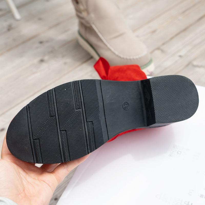 Fashion 2024 Winter Hot Sale Women's Fluffy Bowknot Ball Decor Boots Slip On Casual Chunky Heel Suede Boots Christmas Mid Calf Boots