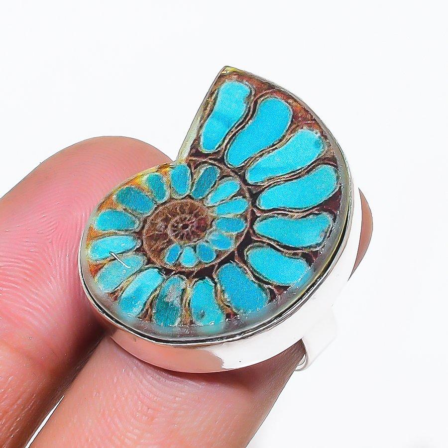 Натуральный Синий Титановый Аммонит 925 Пробы Серебро Ювелирное Кольцо Размер 6.5 AR-16850