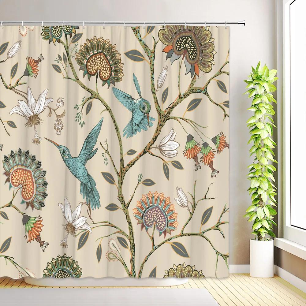 Boho Floral Shower Curtain Hummingbird Modern Abstract Flowers Plant Tropical Leaves Butterfly Bathroom Curtains with Hooks