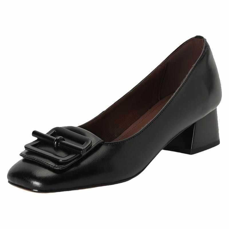 Handmade Leather Retro Style Square Head Shallow Mouth Single Shoes Women's New Spring and Autumn One-pedal Medium Thick Heel Professional Shoes