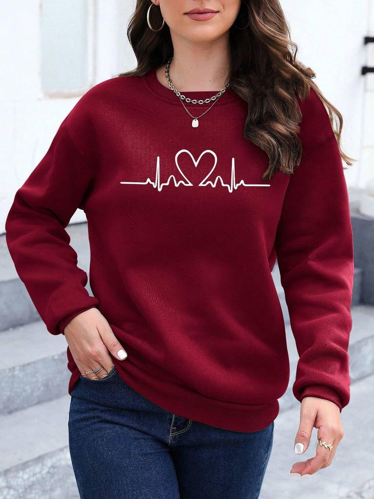 Women's Heart Print Long Sleeve Loose Pullover Sweatshirt