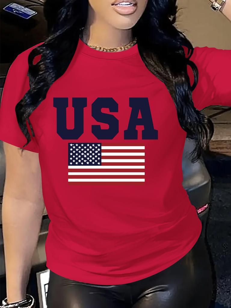 Women'S Patriotic USA Letter Print T-Shirt  Casual Crew Neck Short Sleeve Perfect for Spring  Fall Everyday Tshirt Graphic Tee
