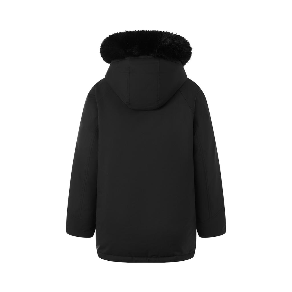 Li Ning Solid Color Hooded Mid-Length Zipper Long Sleeve Down Jacket Women Outerwear Black AYMU190-3